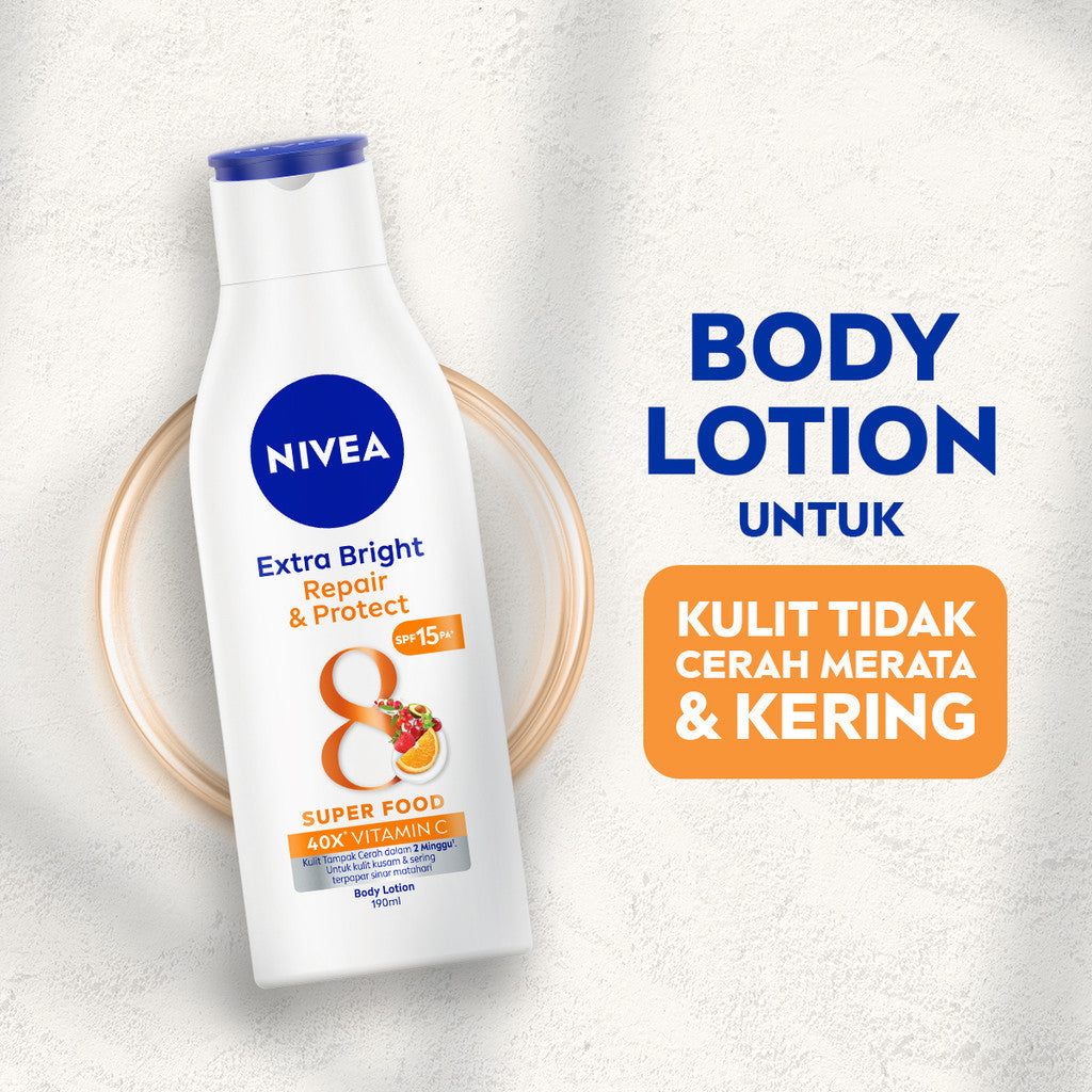 (PAKET HEMAT ISI 3) NIVEA Body Lotion Extra Bright Repair & Protect SPF15 190ml - Hand body lotion moisturizer mencerahkan kulit kusam rusak badan glowing brightening tone up melembabkan kering SPF UV sunscreen - 40x Vitamin C, Grapeseed oil, 8 Super food