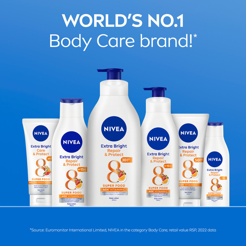 (PAKET HEMAT ISI 3) NIVEA Body Lotion Extra Bright Repair & Protect SPF15 190ml - Hand body lotion moisturizer mencerahkan kulit kusam rusak badan glowing brightening tone up melembabkan kering SPF UV sunscreen - 40x Vitamin C, Grapeseed oil, 8 Super food