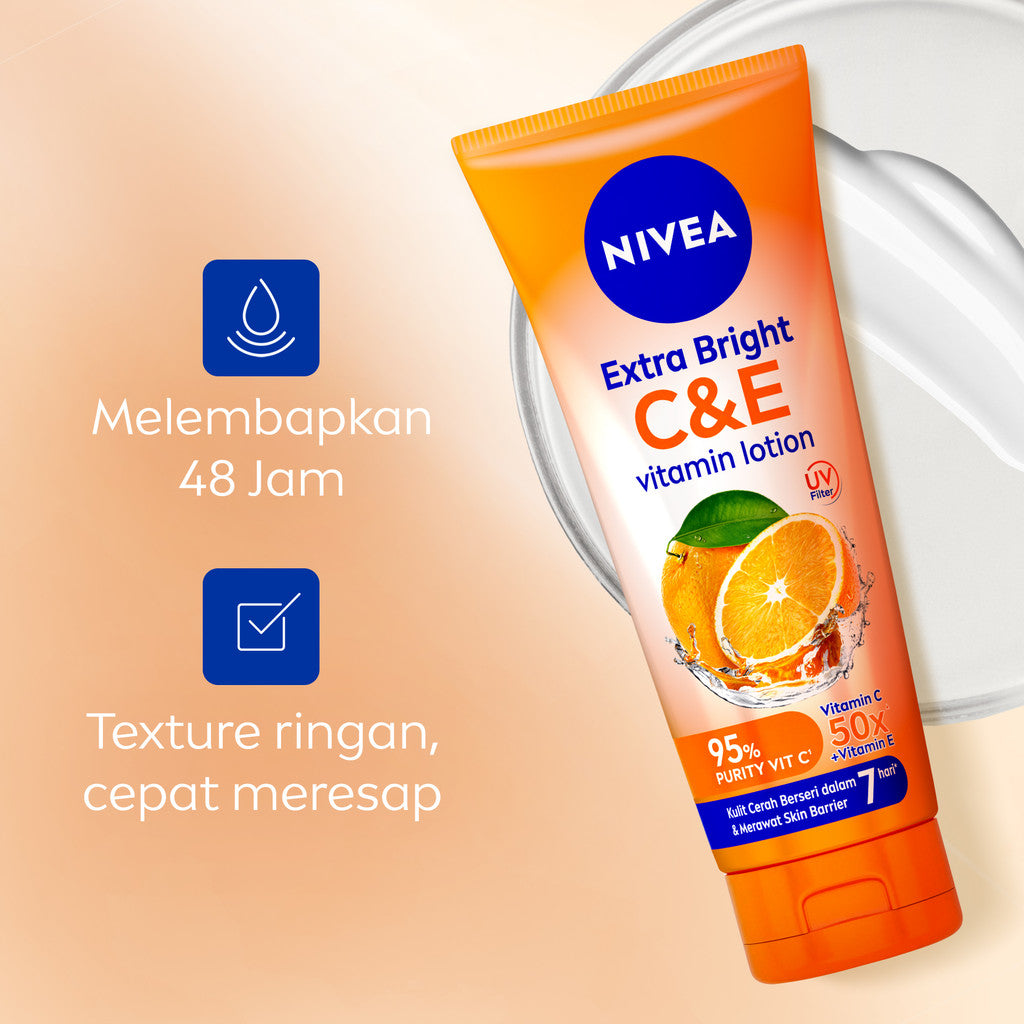 (PAKET HEMAT ISI 2) NIVEA Body Lotion Extra Bright C&E Vitamin Lotion UV Filter 180ml - Hand body serum lotion moisturizer mencerahkan kulit kusam badan glowing brightening tone up melembabkan - 50x Vitamin C & E, UVA UVB Filter