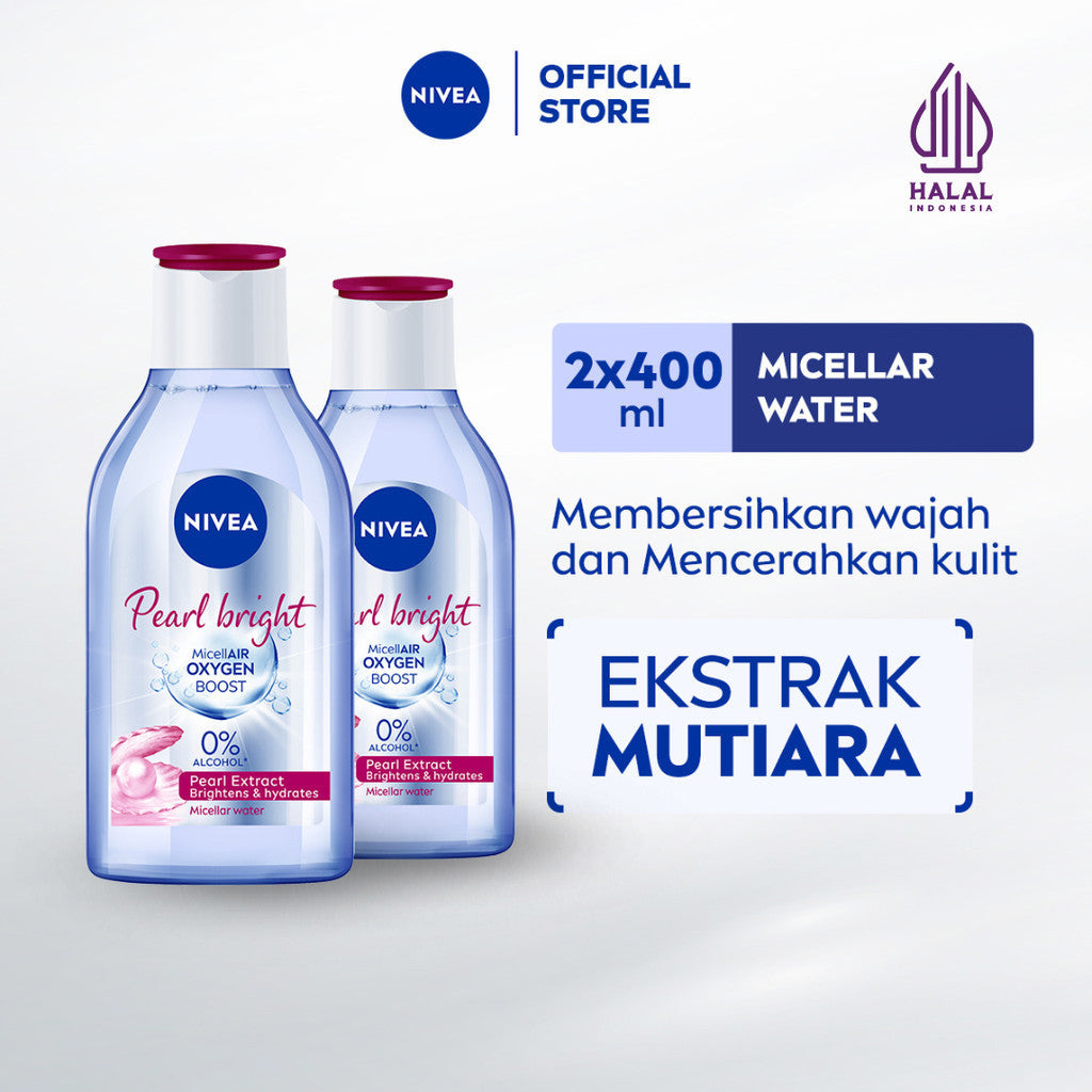 (PAKET HEMAT ISI 2) NIVEA Micellar Water MicellAir Pearl Bright 400ml - Pembersih make up tanpa alkohol makeup remover mencerahkan kulit kusam membersihkan wajah double cleansing melembabkan kulit kering - Pearl & Licorice Extract, 0% Alcohol