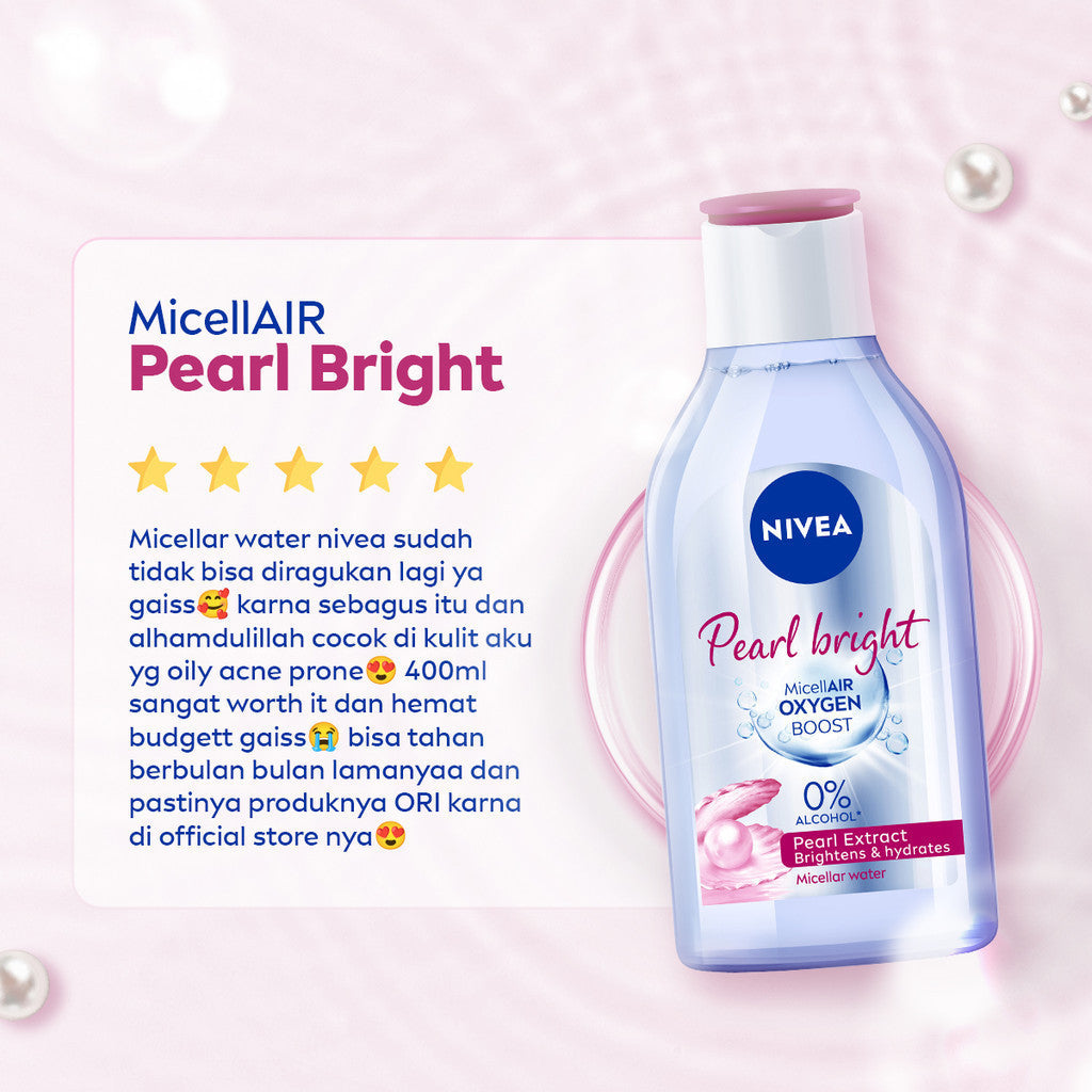 (PAKET HEMAT ISI 2) NIVEA Micellar Water MicellAir Pearl Bright 400ml - Pembersih make up tanpa alkohol makeup remover mencerahkan kulit kusam membersihkan wajah double cleansing melembabkan kulit kering - Pearl & Licorice Extract, 0% Alcohol