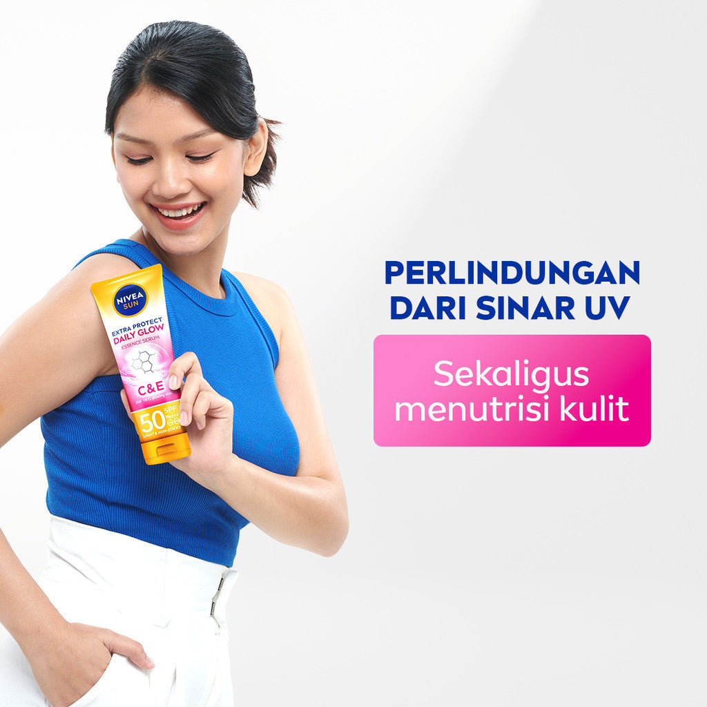NIVEA SUN Sunscreen Body Serum Daily Glow Essence Serum SPF50+ PA+++ 180ml - Sunscreen badan serum sunblock mencerahkan SPF UV harian lightweight tekstur ringan cepat meresap tidak lengket no whitecast blue light polusi - 50x Vitamin C, Vitamin E