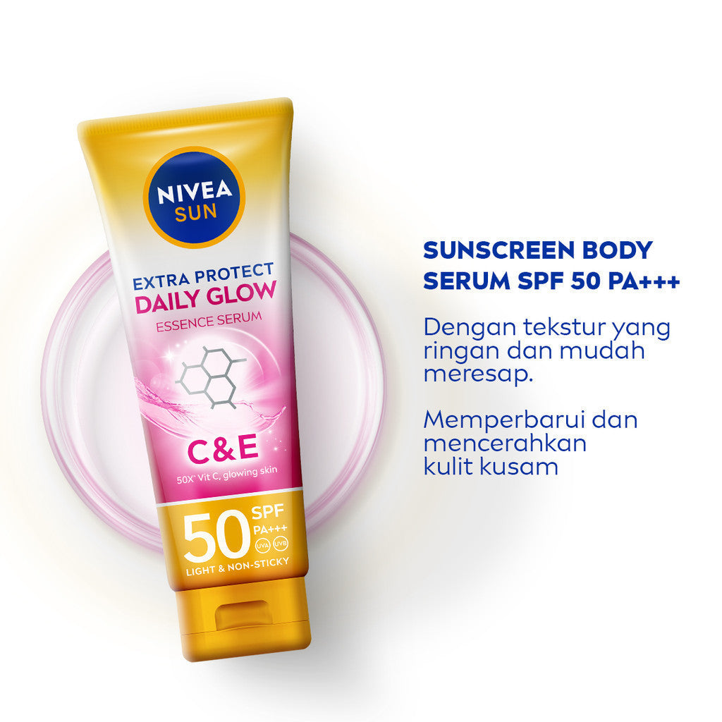 NIVEA SUN Sunscreen Body Serum Daily Glow Essence Serum SPF50+ PA+++ 180ml - Sunscreen badan serum sunblock mencerahkan SPF UV harian lightweight tekstur ringan cepat meresap tidak lengket no whitecast blue light polusi - 50x Vitamin C, Vitamin E