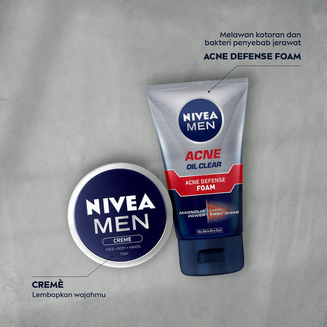 NIVEA MEN Facial Foam Oil Clear Acne Defense 100ml - Sabun cuci muka pria bebas jerawat anti bakteri pembersih wajah kulit berminyak face wash oily acne prone skin membersihkan komedo mengecilkan pori - Magnolia Power, L-Carnitine