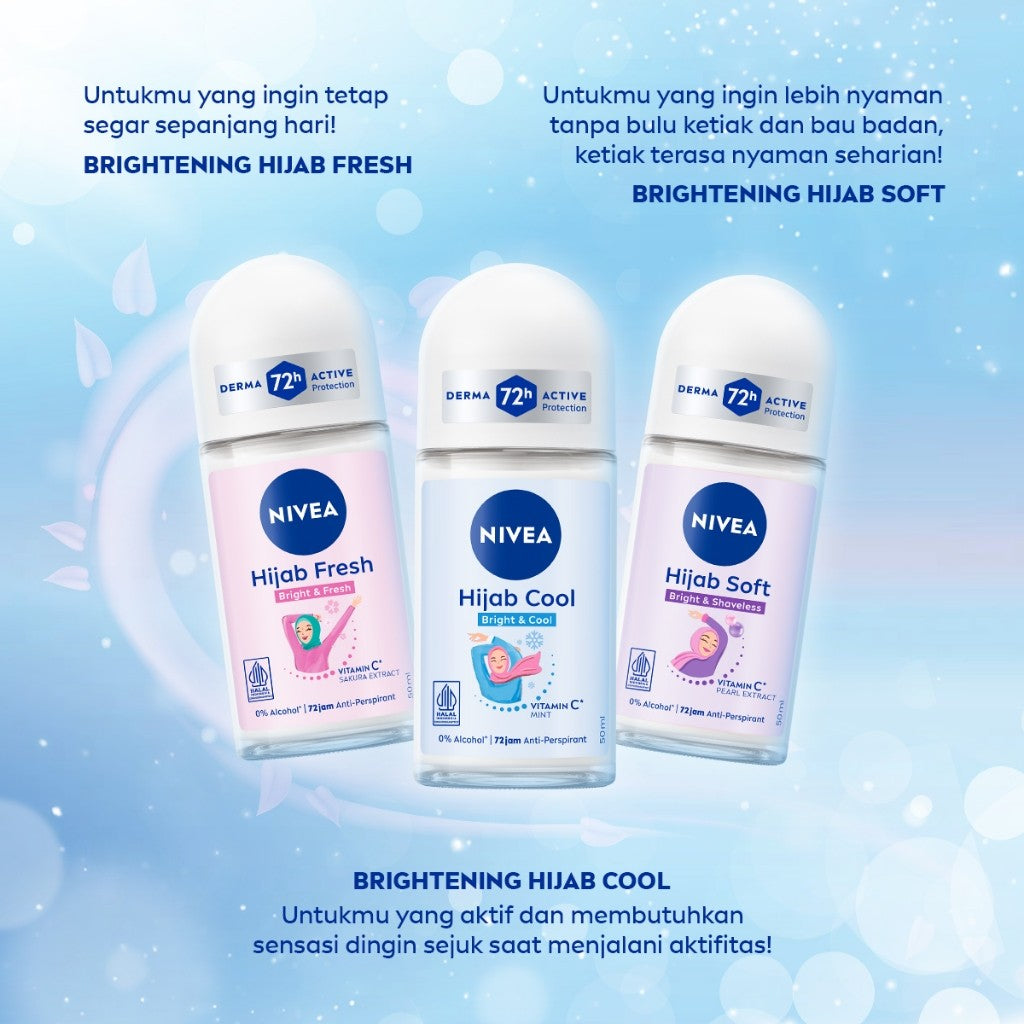 NIVEA Deodorant Roll On Brightening Hijab Soft 50ml - Deodoran wanita hijab halal mencerahkan brightening kullit lembut mengurangi frekuensi cukur bulu ketiak wangi segar tahan lama seharian - Antiperspiran, Vitamin C, Ekstrak Mutiara, 0% alkohol