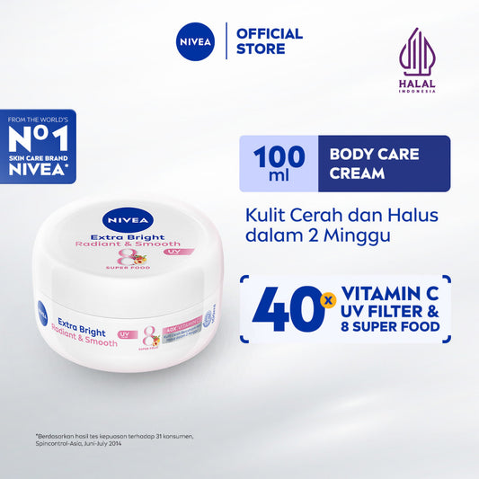 NIVEA Body Cream Extra Bright Radiant & Smooth UV Filter 100ml - Hand body krim lotion moisturizer mencerahkan kulit kusam halus lembut badan glowing brightening tone up serum melembabkan kulit kering - 40x Vitamin C, UVA UVB Filter, 8 Super food