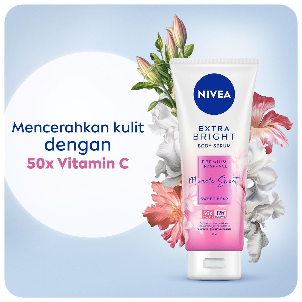 (PAKET HEMAT ISI 2) NIVEA Body Serum Extra Bright Premium Fragrance Miracle Sweet 180ml - Hand body serum lotion moisturizer wangi parfum mahal kalem tahan lama mencerahkan kulit kusam badan glowing brightening tone up melembabkan kering - 50x Vitamin C