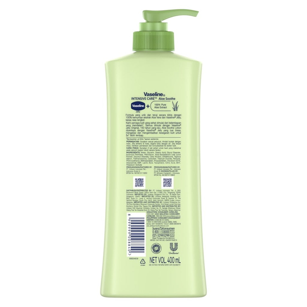 Vaseline HAND BODY LOTION Aloe Vera Lotion Aloe Soothe Kulit Lembap 24jam 400ml 1pcs