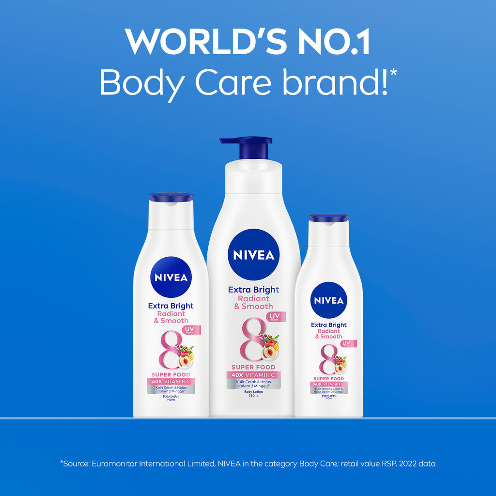 (PAKET HEMAT ISI 3) NIVEA Body Lotion Extra Bright Radiant & Smooth UV Filter 190ml - Hand body lotion moisturizer mencerahkan kulit kusam halus lembut badan glowing brightening tone up lembap kulit kering - 40x Vitamin C, UVA UVB Filter, 8 Super food