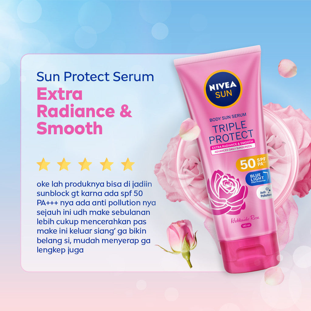 NIVEA SUN Sunscreen Body Serum Triple Protect Extra Radiance & Smooth SPF50 PA+++ 180ml - Sunscreen badan serum sunblock mencerahkan SPF UV harian lightweight tekstur ringan cepat meresap tidak lengket no whitecast blue light polusi - Hokkaido Rose