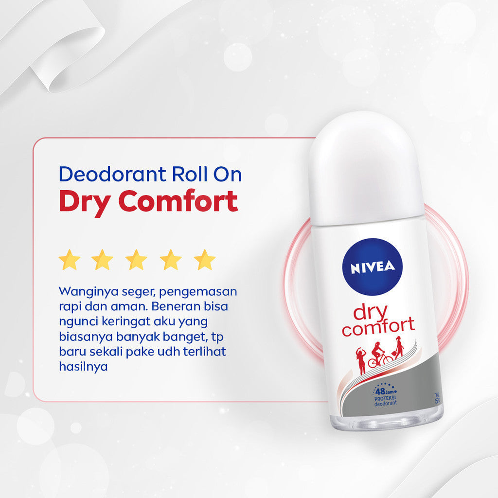 NIVEA Deodorant Roll On Dry Comfort 25ml - Deodoran wanita kering mengontrol minyak anti bau keringat dan bakteri dengan aroma lembut segar tahan lama seharian - Antiperspiran, tidak mengandung ethyl alkohol cocok untuk semua jenis kulit