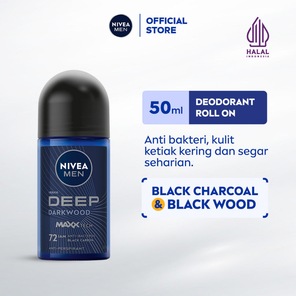 NIVEA MEN Deodorant Roll On Deep Darkwood 50ml - Deodoran pria melawan bakteri keringat bau badan dengan wangi parfum premium maskulin blackwood menjaga ketiak kering tahan lama seharian - Antiperspiran, Black charcoal