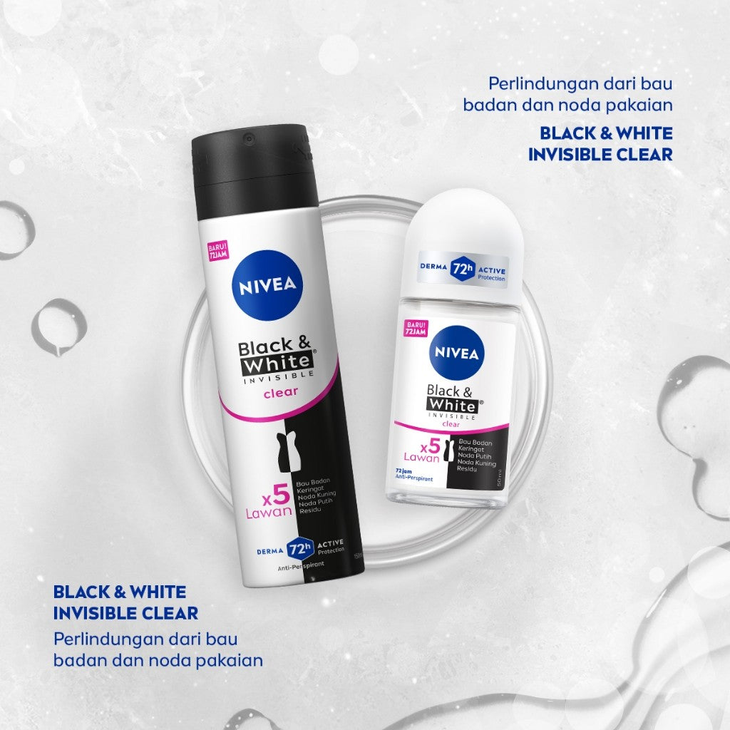NIVEA Deodorant Roll On Black & White Invisible Original 50ml - Deodoran wanita melawan bau badan tahan keringat anti noda residu dengan wangi segar tahan lama seharian - Antiperspiran, tidak mengandung ethyl alkohol cocok semua jenis kulit