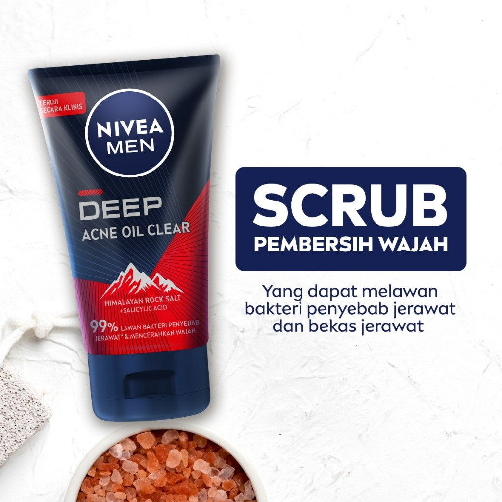 NIVEA MEN Facial Foam Deep Acne Oil Clear Face Scrub 100ml - Sabun cuci muka pria scrub wajah membersihkan bakteri penyebab jerawat komedo mengontrol kulit berminyak mengecilkan pori dan mengangkat sel kulit mati - Himalayan Salt, Salicylic Acid