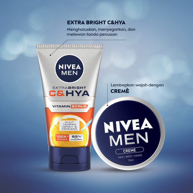 NIVEA MEN Vitamin Scrub Extra Bright C&HYA 100ml - Sabun cuci muka pria scrub mencerahkan mengangkat sel kulit mati brightening kulit kusam facial wash pembersih wajah cerah membersihkan pori pori polusi debu kotoran - Vitamin C, Hyaluronic acid