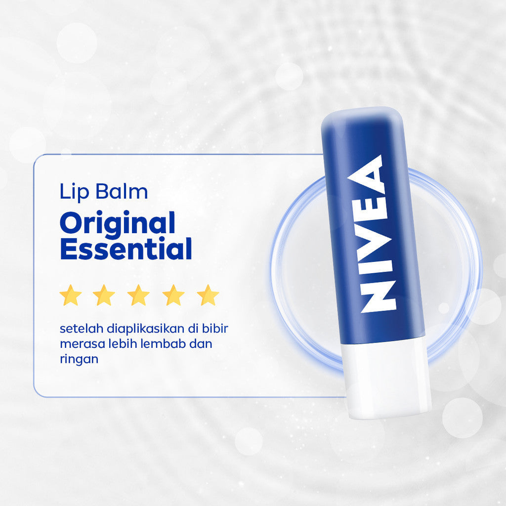 NIVEA Lip Balm Original Essential 4.8gr - Pelembap bibir melembabkan plumpy kering pecah-pecah tahan lama melindungi bibir natural intensif lembap tidak lengket tidak berminyak lip care glossy - Jojoba Oil, Shea Butter