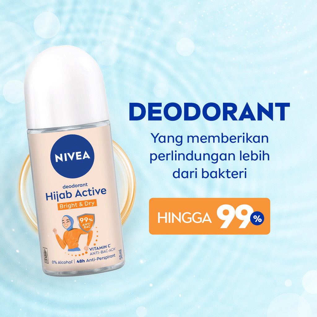 (PAKET HEMAT ISI 3) NIVEA Deodorant Roll On Brightening Anti Bacterial 50ml - Deodoran wanita hijab antiperspirant dan anti bakteri tahan bau keringat badan dengan wangi segar tahan lama seharian - Micro Vitamin C, 0% alkohol cocok untuk semua jenis kulit