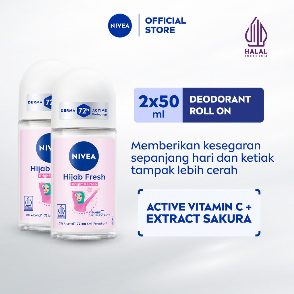 (PAKET HEMAT ISI 2) NIVEA Deodorant Roll On Brightening Hijab Fresh 50ml - Deodoran wanita hijab halal mencerahkan brightening ketiak tahan keringat bau badan wangi segar tahan lama seharian - Antiperspiran, Vitamin C, Ekstrak Sakura, 0% alkohol