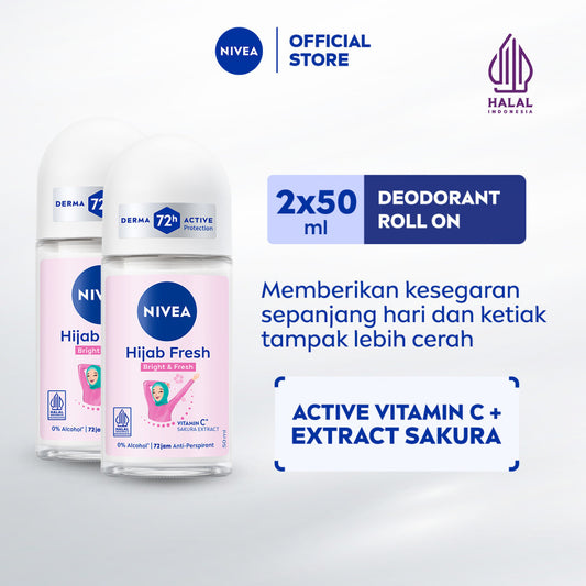 (PAKET HEMAT ISI 2) NIVEA Deodorant Roll On Brightening Hijab Fresh 50ml - Deodoran wanita hijab halal mencerahkan brightening ketiak tahan keringat bau badan wangi segar tahan lama seharian - Antiperspiran, Vitamin C, Ekstrak Sakura, 0% alkohol