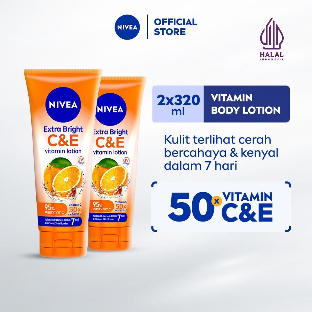 (PAKET HEMAT ISI 2) NIVEA Body Lotion Extra Bright C&E Vitamin Lotion UV Filter 320ml - Hand body serum lotion moisturizer mencerahkan kulit kusam badan glowing brightening tone up melembabkan - 50x Vitamin C & E, Glutathione, Niacinamide, UVA UVB Filter