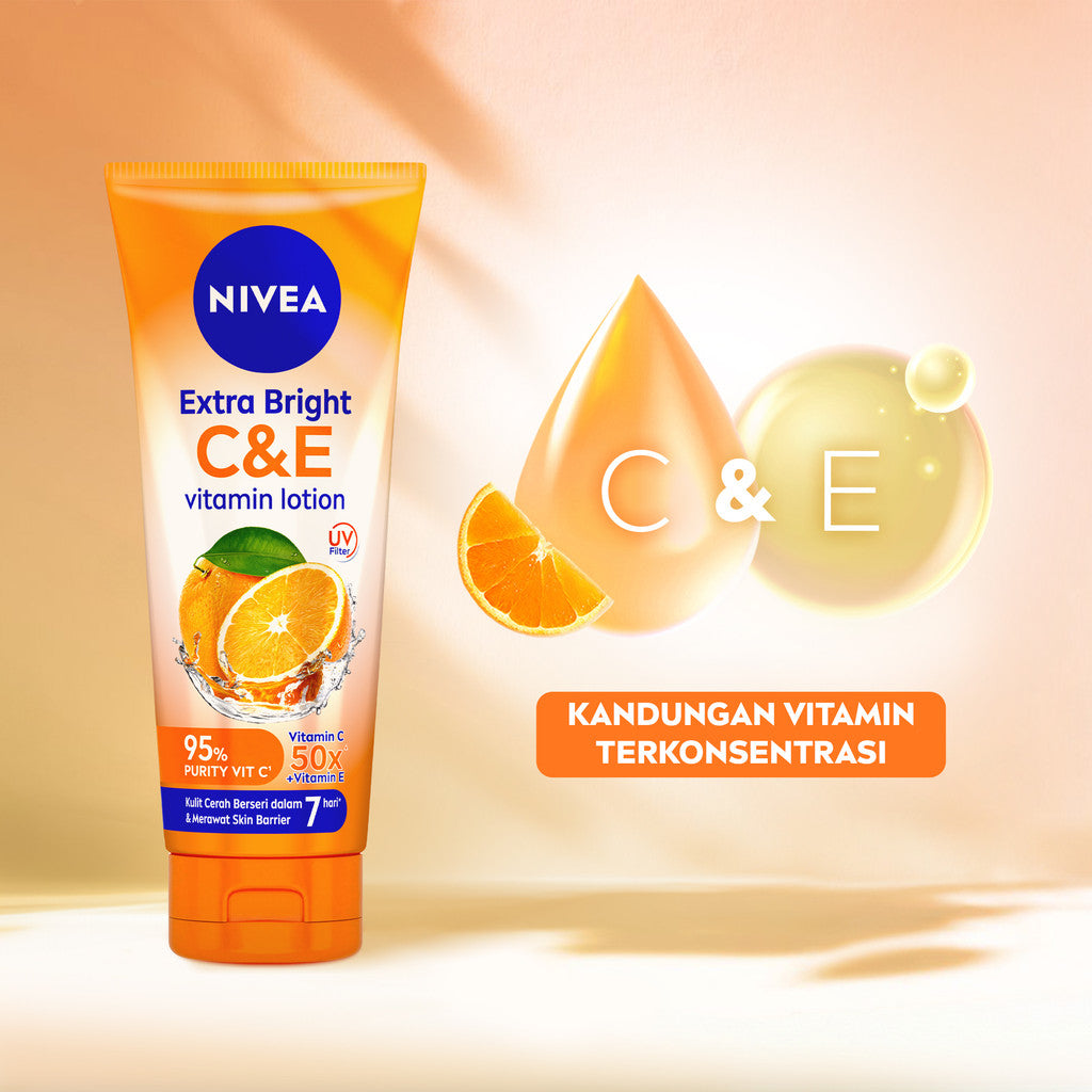 (PAKET HEMAT ISI 2) NIVEA Body Lotion Extra Bright C&E Vitamin Lotion UV Filter 180ml - Hand body serum lotion moisturizer mencerahkan kulit kusam badan glowing brightening tone up melembabkan - 50x Vitamin C & E, UVA UVB Filter