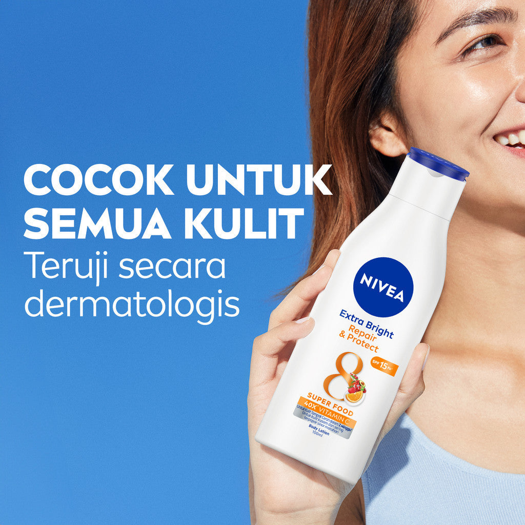 (PAKET HEMAT ISI 3) NIVEA Body Lotion Extra Bright Repair & Protect SPF15 100ml - Hand body lotion moisturizer mencerahkan kulit kusam rusak badan glowing brightening tone up melembabkan kering SPF UV sunscreen - 40x Vitamin C, Grapeseed oil, 8 Super food