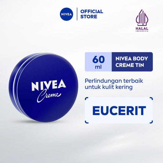 NIVEA Cream Moisturizer Creme Tin 60ml - Hand body krim cream lotion mositurizer multifungsi kaleng biru tua body care kulit kering kasar bersisik pecah-pecah badan wajah muka sikut tumit memperbaiki skin barrier pelembab melembutkan badan - Eucerit