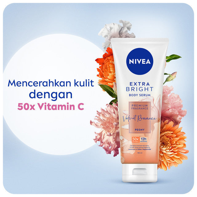 NIVEA Body Serum Extra Bright Premium Fragrance Velvet Romance 180ml - Hand body serum lotion moisturizer wangi parfum mahal kalem tahan lama mencerahkan kulit kusam badan glowing brightening tone up melembabkan kering - 50x Vitamin C