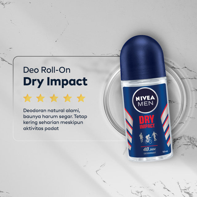 NIVEA MEN Deodorant Roll On Dry Impact 50ml - Deodoran pria anti bakteri antiperspirant anti noda baju wangi segar ketiak kering tahan lama seharian tahan keringat anti bau - Antiperspiran, tidak mengandung ethyl alkohol