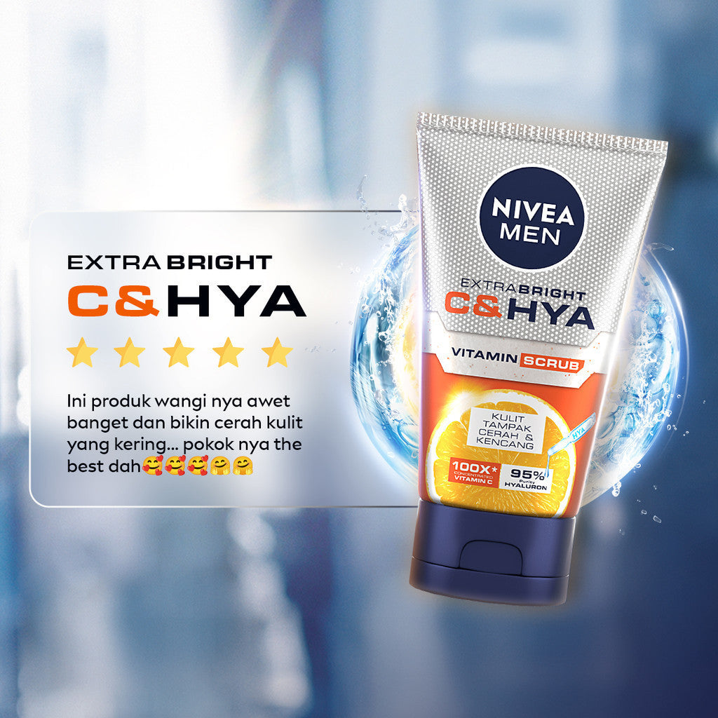 (PAKET HEMAT ISI 3) NIVEA MEN Vitamin Scrub Extra Bright C&HYA 100ml - Sabun cuci muka pria scrub mencerahkan angkat sel kulit mati brightening kulit kusam pembersih wajah cerah membersihkan pori pori polusi debu kotoran - Vitamin C, Hyaluronic acid