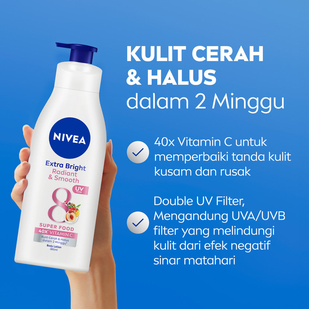 NIVEA Body Lotion Extra Bright Radiant & Smooth UV Filter 380ml - Hand body lotion moisturizer mencerahkan kulit kusam halus lembut badan glowing brightening tone up serum melembabkan kulit kering - 40x Vitamin C, UVA UVB Filter, 8 Super food