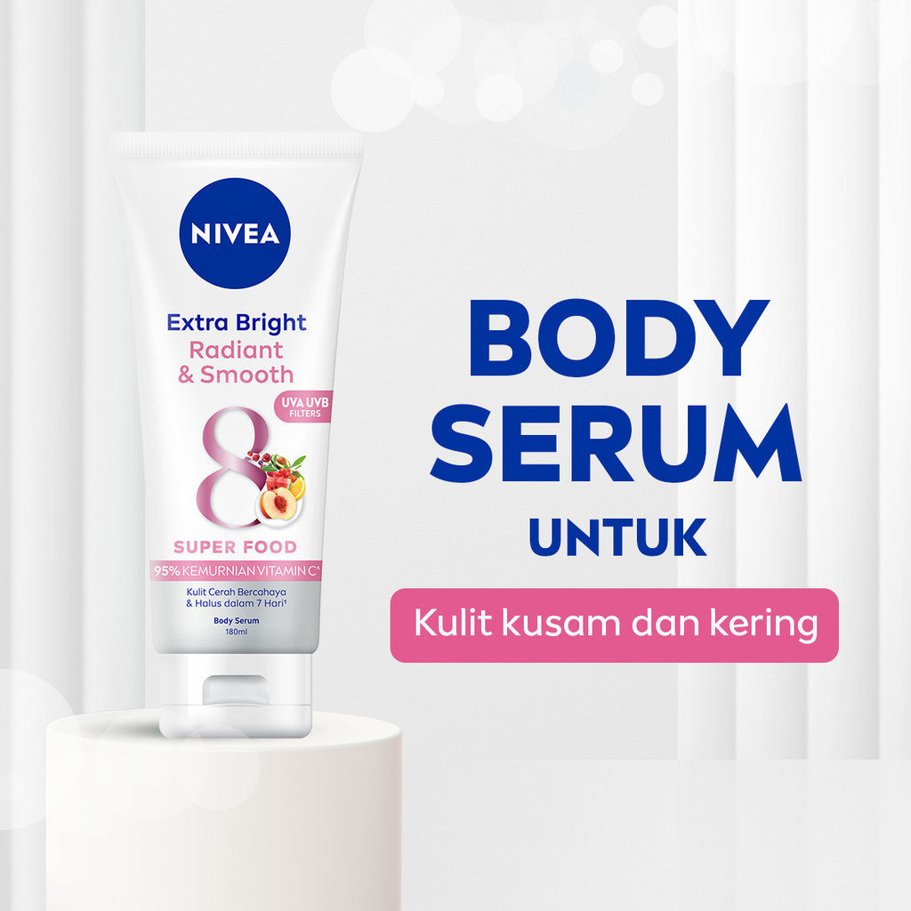 NIVEA Body Serum Extra Bright Radiant & Smooth UV Filter 180ml - Hand body serum lotion moisturizer mencerahkan kulit kusam halus lembut badan glowing brightening tone up serum melembabkan kulit kering - 95% Vitamin C, UVA UVB Filter, 8 Super food