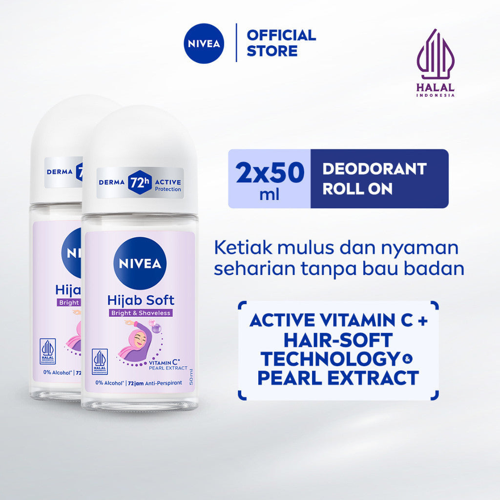 (PAKET HEMAT ISI 2) NIVEA Deodorant Roll On Brightening Hijab Soft 50ml - Deodoran wanita hijab halal mencerahkan brightening kullit lembut mengurangi frekuensi cukur bulu ketiak wangi segar seharian - Antiperspiran, Vitamin C, Ekstrak Mutiara, 0% alkohol