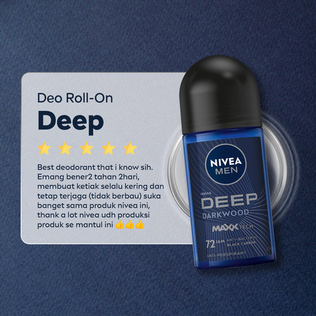 NIVEA MEN Deodorant Roll On Deep Darkwood 25ml - Deodoran pria melawan bakteri keringat bau badan dengan wangi parfum premium maskulin blackwood menjaga ketiak kering tahan lama seharian - Antiperspiran, Black charcoal