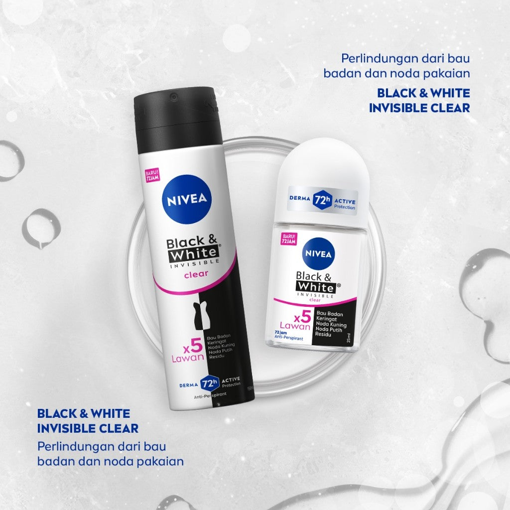 NIVEA Deodorant Roll On Black & White Invisible Original 25ml - Deodoran wanita melawan bau badan tahan keringat anti noda residu dengan wangi segar tahan lama seharian - Antiperspiran, tidak mengandung ethyl alkohol cocok untuk semua jenis kulit