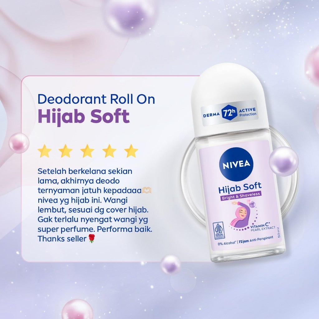 NIVEA Deodorant Roll On Brightening Hijab Soft 50ml - Deodoran wanita hijab halal mencerahkan brightening kullit lembut mengurangi frekuensi cukur bulu ketiak wangi segar tahan lama seharian - Antiperspiran, Vitamin C, Ekstrak Mutiara, 0% alkohol