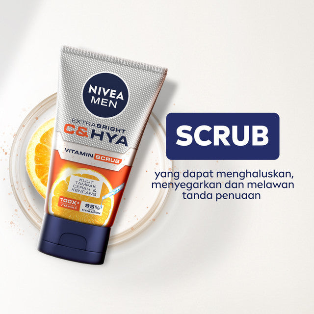 NIVEA MEN Vitamin Scrub Extra Bright C&HYA 100ml - Sabun cuci muka pria scrub mencerahkan mengangkat sel kulit mati brightening kulit kusam facial wash pembersih wajah cerah membersihkan pori pori polusi debu kotoran - Vitamin C, Hyaluronic acid
