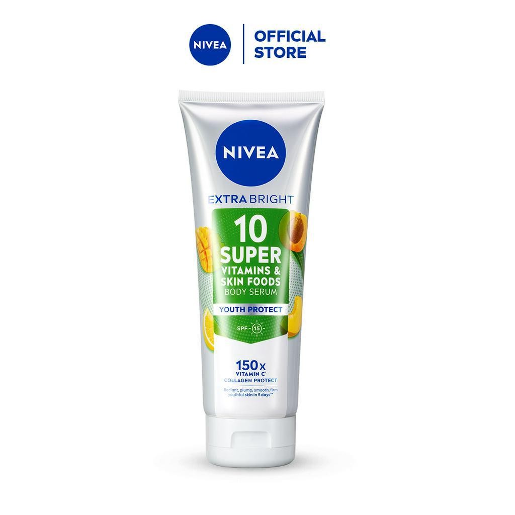 NIVEA Body Serum Extra Bright 10 Super Vitamins Youth Protect SPF15 320ml - Hand body serum lotion moisturizer mencerahkan kulit mengencangkan kulit kendur kencang melembabkan kering anti aging penuaan dini - 150x Vitamin C, Collagen, antioksidan