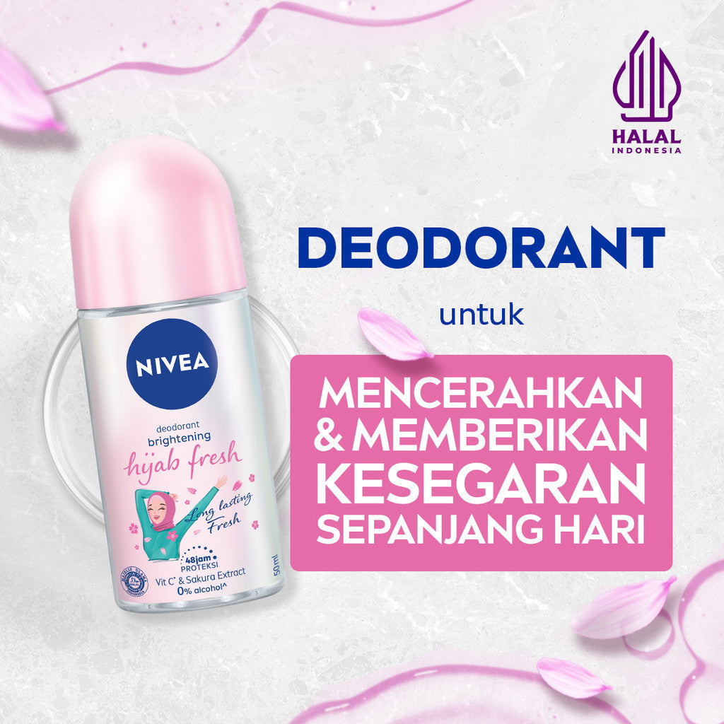 (PAKET HEMAT ISI 2) NIVEA Deodorant Roll On Brightening Hijab Fresh 50ml - Deodoran wanita hijab halal mencerahkan brightening ketiak tahan keringat bau badan wangi segar tahan lama seharian - Antiperspiran, Vitamin C, Ekstrak Sakura, 0% alkohol