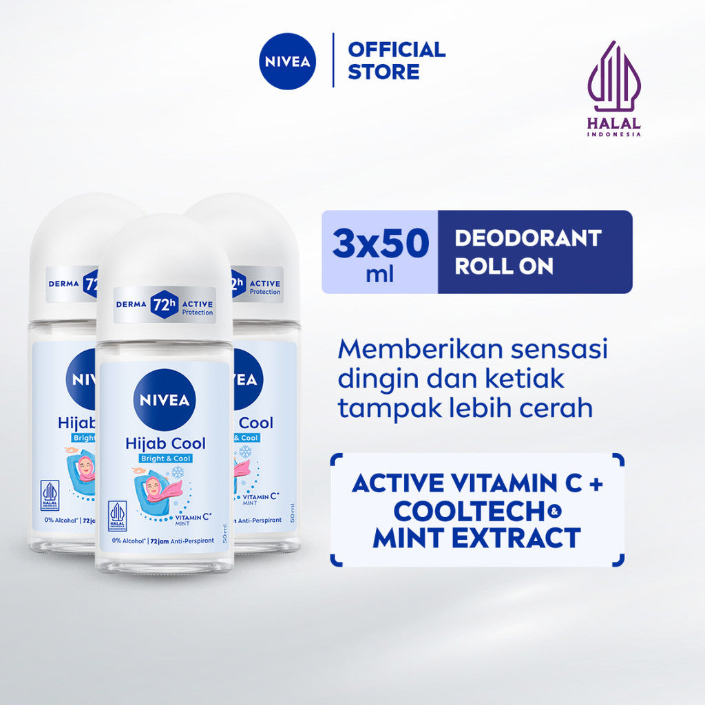 (PAKET HEMAT ISI 3) NIVEA Deodorant Roll On Brightening Hijab Cool 50ml - Deodoran wanita hijab halal mencerahkan brightening kulit ketiak tahan keringat bau badan sensasi dingin instant wangi segar seharian - Antiperspiran, Ekstrak Mint, Halal