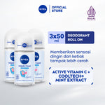 (PAKET HEMAT ISI 3) NIVEA Deodorant Roll On Brightening Hijab Cool 50ml - Deodoran wanita hijab halal mencerahkan brightening kulit ketiak tahan keringat bau badan sensasi dingin instant wangi segar seharian - Antiperspiran, Ekstrak Mint, Halal