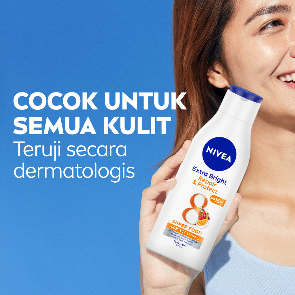 (PAKET HEMAT ISI 3) NIVEA Body Lotion Extra Bright Repair & Protect SPF15 190ml - Hand body lotion moisturizer mencerahkan kulit kusam rusak badan glowing brightening tone up melembabkan kering SPF UV sunscreen - 40x Vitamin C, Grapeseed oil, 8 Super food