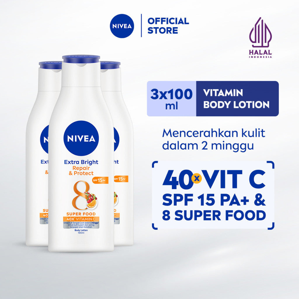 (PAKET HEMAT ISI 3) NIVEA Body Lotion Extra Bright Repair & Protect SPF15 100ml - Hand body lotion moisturizer mencerahkan kulit kusam rusak badan glowing brightening tone up melembabkan kering SPF UV sunscreen - 40x Vitamin C, Grapeseed oil, 8 Super food