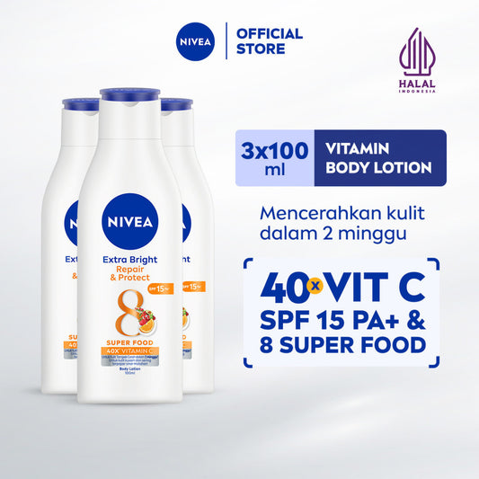 (PAKET HEMAT ISI 3) NIVEA Body Lotion Extra Bright Repair & Protect SPF15 100ml - Hand body lotion moisturizer mencerahkan kulit kusam rusak badan glowing brightening tone up melembabkan kering SPF UV sunscreen - 40x Vitamin C, Grapeseed oil, 8 Super food