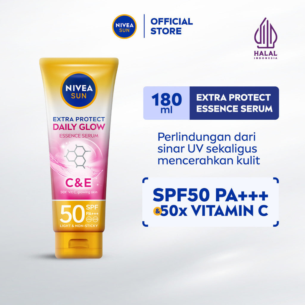 NIVEA SUN Sunscreen Body Serum Daily Glow Essence Serum SPF50+ PA+++ 180ml - Sunscreen badan serum sunblock mencerahkan SPF UV harian lightweight tekstur ringan cepat meresap tidak lengket no whitecast blue light polusi - 50x Vitamin C, Vitamin E