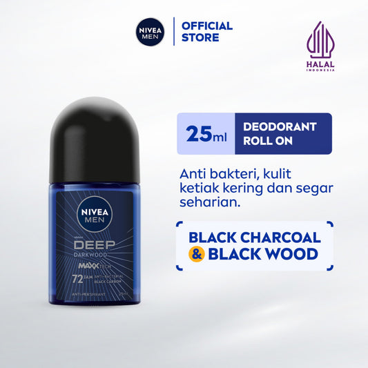 NIVEA MEN Deodorant Roll On Deep Darkwood 25ml - Deodoran pria melawan bakteri keringat bau badan dengan wangi parfum premium maskulin blackwood menjaga ketiak kering tahan lama seharian - Antiperspiran, Black charcoal