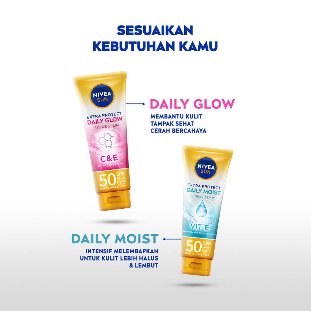 NIVEA SUN Sunscreen Body Serum Daily Glow Essence Serum SPF50+ PA+++ 180ml - Sunscreen badan serum sunblock melmebapkan lembab SPF UV harian lightweight tekstur ringan cepat meresap tidak lengket no whitecast blue light polusi - 96% Vitamin E