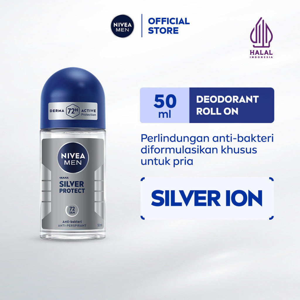 NIVEA MEN Deodorant Roll On Silver Protect 50ml - Deodoran pria anti bakteri antiperspirant anti noda baju wangi segar ketiak kering tahan lama seharian tahan keringat anti bau - Antiperspiran, tidak mengandung ethyl alkohol