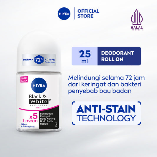 NIVEA Deodorant Roll On Black & White Invisible Original 25ml - Deodoran wanita melawan bau badan tahan keringat anti noda residu dengan wangi segar tahan lama seharian - Antiperspiran, tidak mengandung ethyl alkohol cocok untuk semua jenis kulit