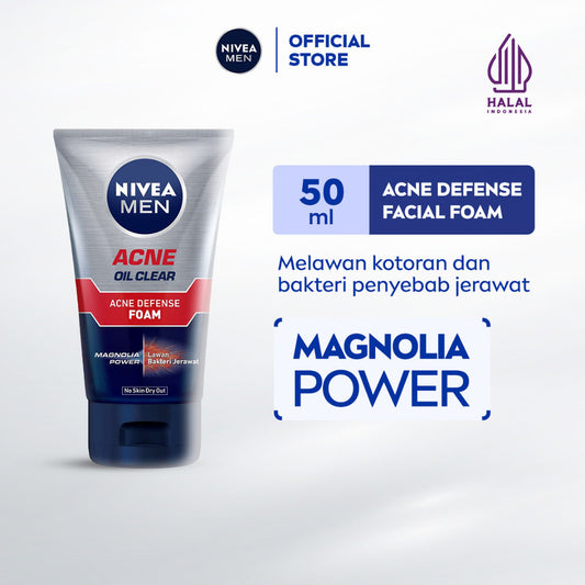 NIVEA MEN Facial Foam Oil Clear Acne Defense  50ml - Sabun cuci muka pria bebas jerawat anti bakteri pembersih wajah kulit berminyak face wash oily acne prone skin membersihkan komedo mengecilkan pori - Magnolia Power, L-Carnitine
